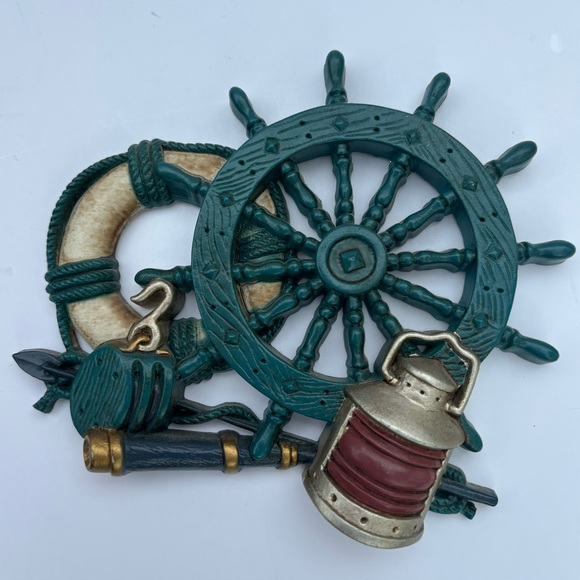 Vtg 1995 Burwood Products Made in USA 3 piece nautical set ships & helm EUC - Picture 2 of 6